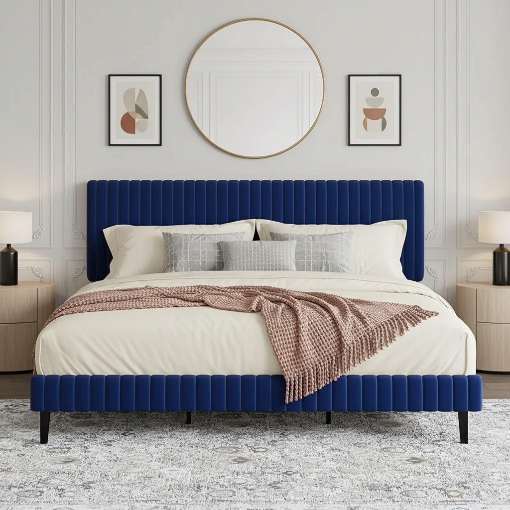 Modern Velvet Upholstered Bed with Adjustable Headboard – King Size