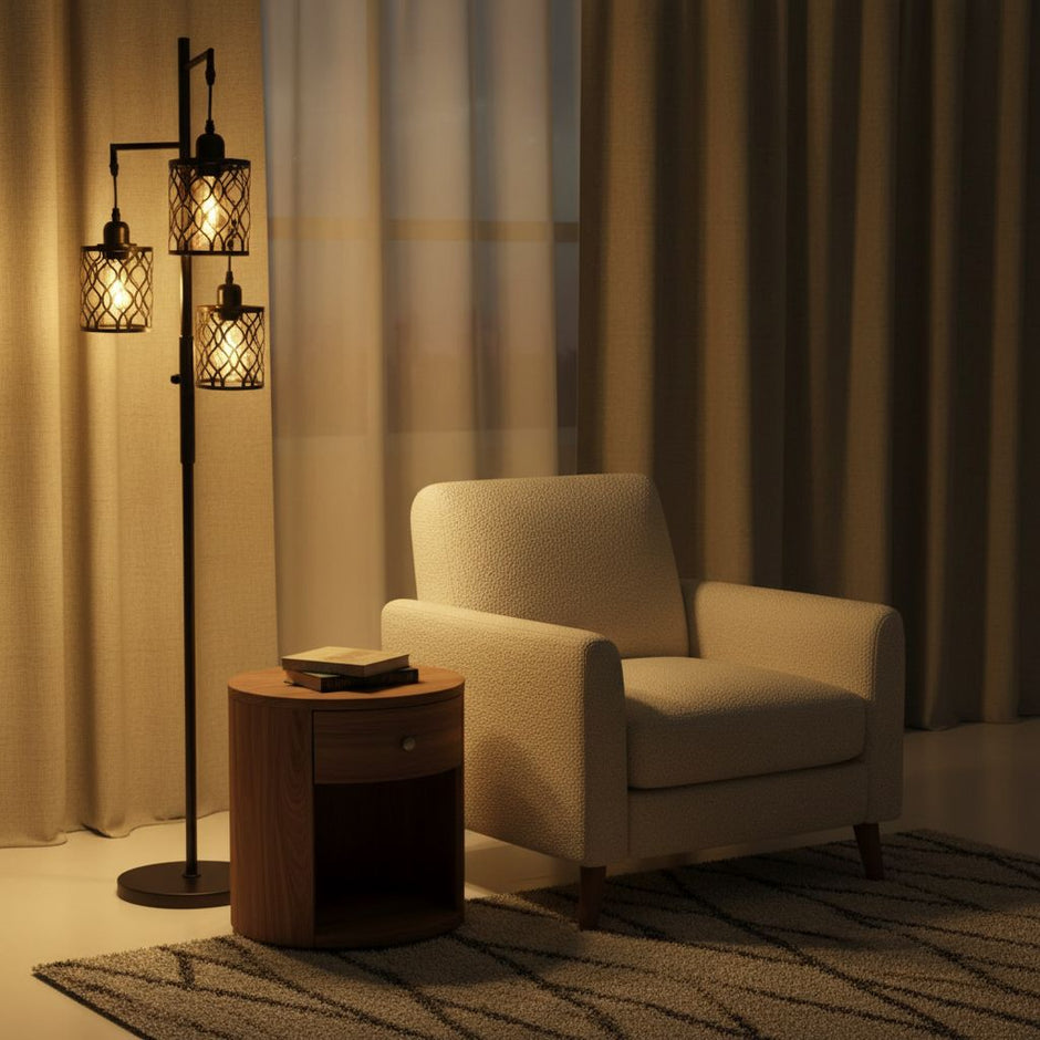 Industrial Floor Lamp with 3 Lights, Stepless Dimmable, Metal Shade