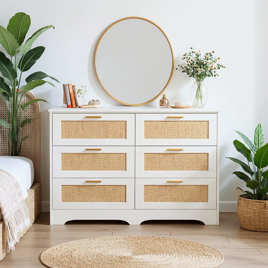 6-Drawer Rattan Dresser – Modern Double Dresser with Gold Handles, Wood Storage Chest for Bedroom, Living Room, Hallway, Entryway