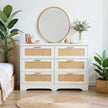 6-Drawer Rattan Dresser – Modern Double Dresser with Gold Handles, Wood Storage Chest for Bedroom, Living Room, Hallway, Entryway