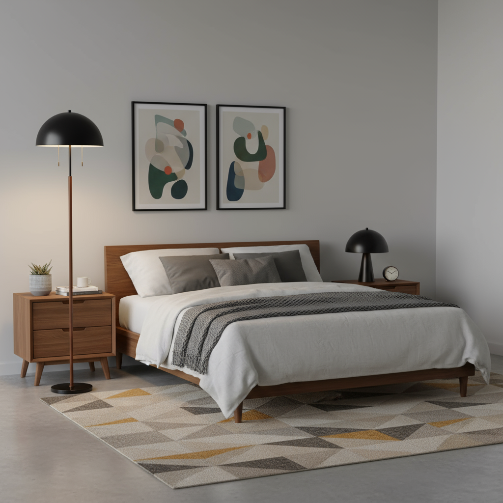 Modern Floor Lamp with Dome Shade, Wooden Pole & Dual Pull Chains