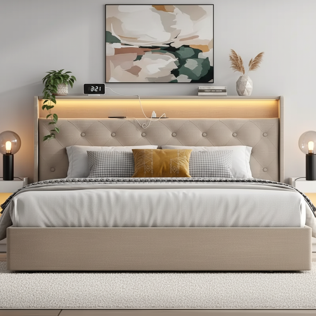 Smart Upholstered Storage Bed with LED Lights & Charging Station