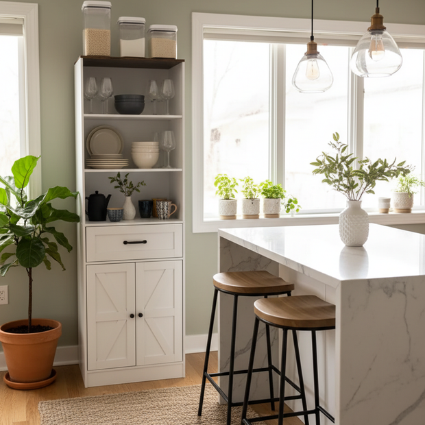 Tall White Farmhouse Bookshelf with Drawer and Double Door Cabinet
