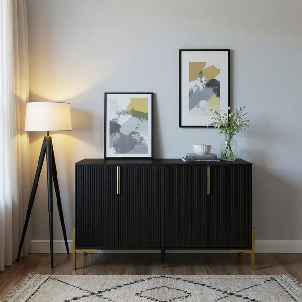 Modern 4-Door Storage Cabinet with Metal Legs – Black, White, Oak