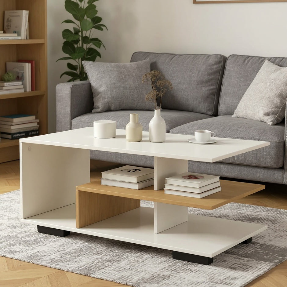 Modern White Coffee Table with Brown Shelf – Multi-Layer Storage, 35.5"