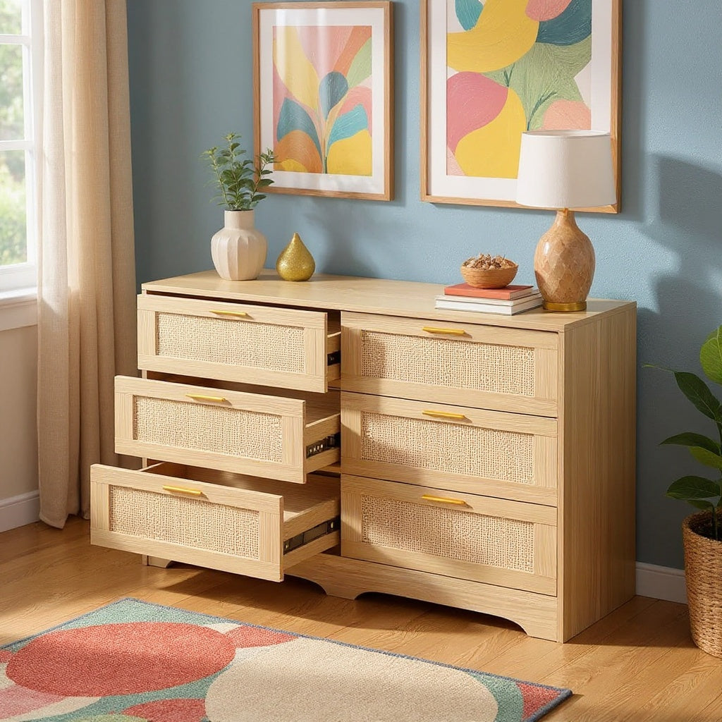 6-Drawer Rattan Dresser – Modern Double Dresser with Gold Handles, Wood Storage Chest for Bedroom, Living Room, Hallway, Entryway
