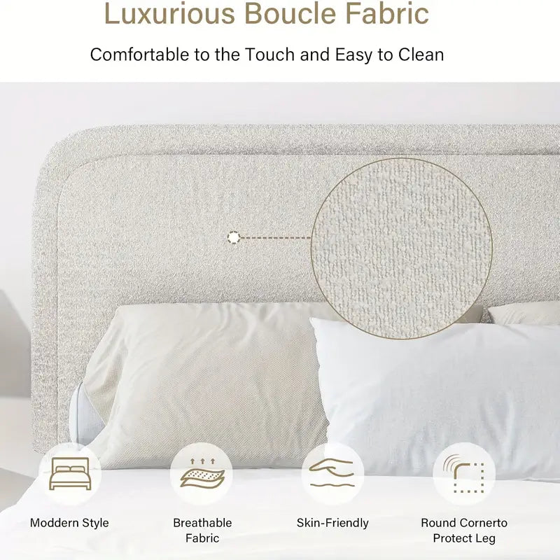 Modern Bouclé Upholstered Bed Frame with Rounded Headboard – King Size