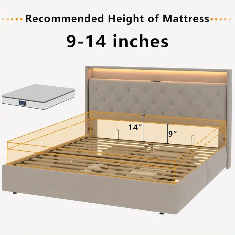 Smart Upholstered Storage Bed with LED Lights & Charging Station