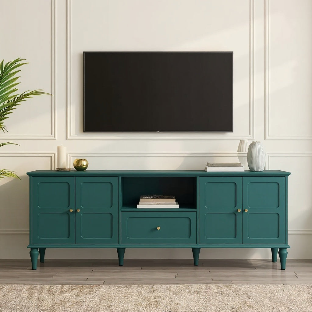 Modern Solid Wood TV Stand with Storage Cabinets & Drawer
