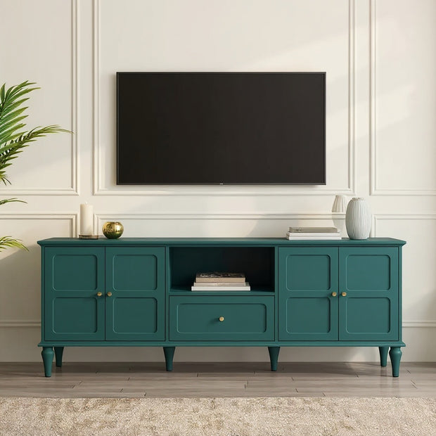 Modern Solid Wood TV Stand with Storage Cabinets & Drawer
