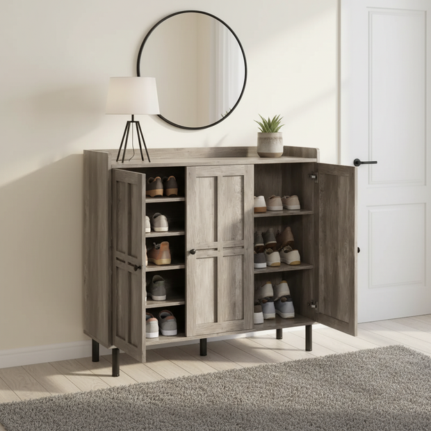 Large Rustic Gray 3-Door Shoe Cabinet with Adjustable Shelves