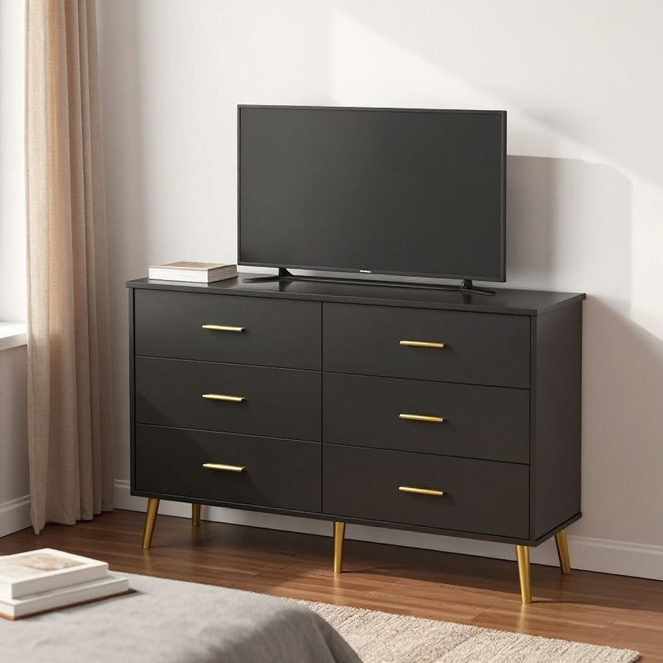 Modern 6-Drawer Dresser with LED Lights, Gold Handles & Tall Legs – Bedroom Storage Cabinet
