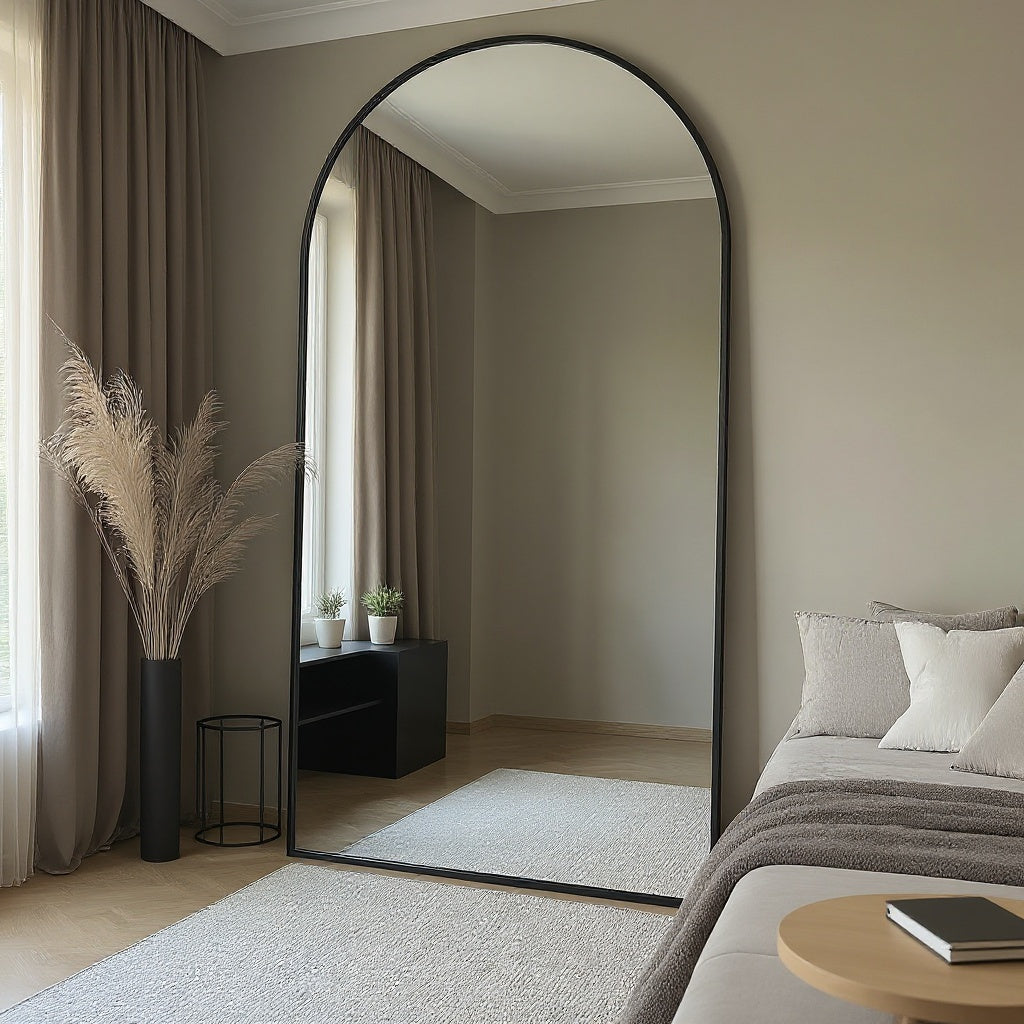 Arched Full-Length Floor Mirror with Metal Frame and Stand, Sizes 78