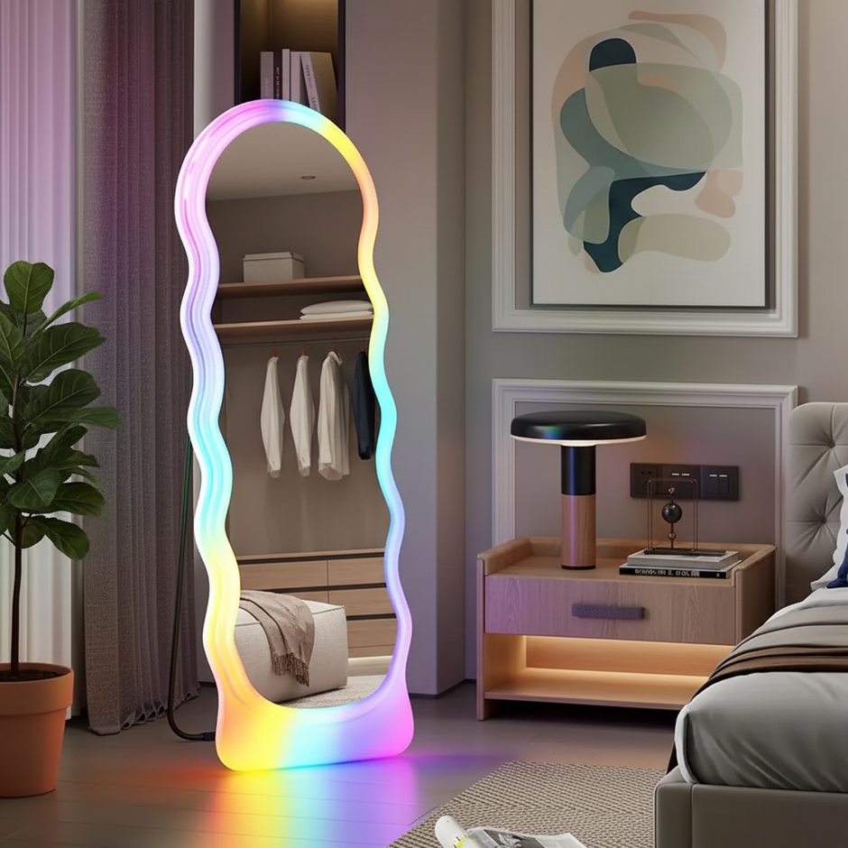 RGB LED Wavy Full-Length Mirror – 63"x22" Dimmable Smart Vanity Mirror, 7 Colors