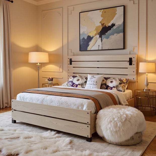 Farmhouse Wooden Bed Frame with Tall Headboard – Queen & King Sizes