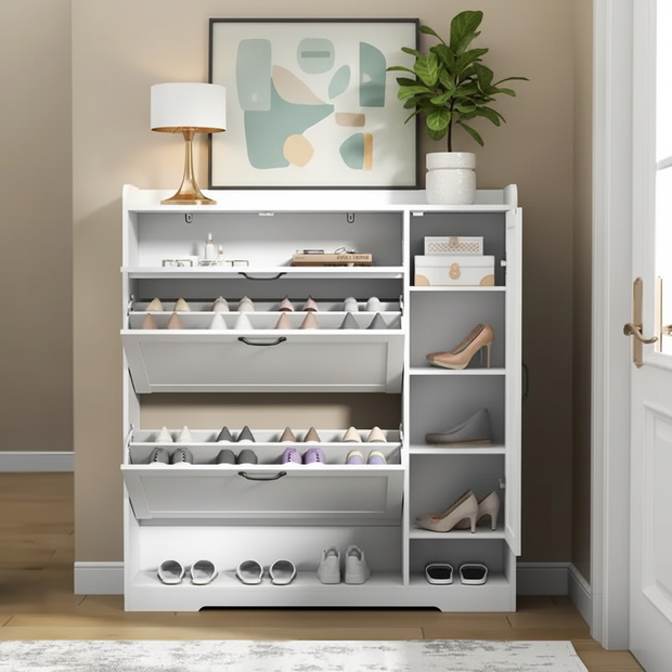 Modern Shoe Cabinet with Adjustable Shelves and 3 Tilt-Out Drawers – Black or White Finish