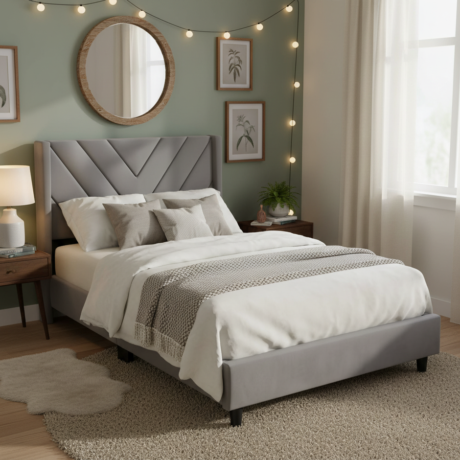 Modern Upholstered Platform Bed with Channel-Tufted Headboard