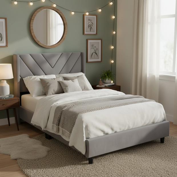 Modern Upholstered Platform Bed with Channel-Tufted Headboard