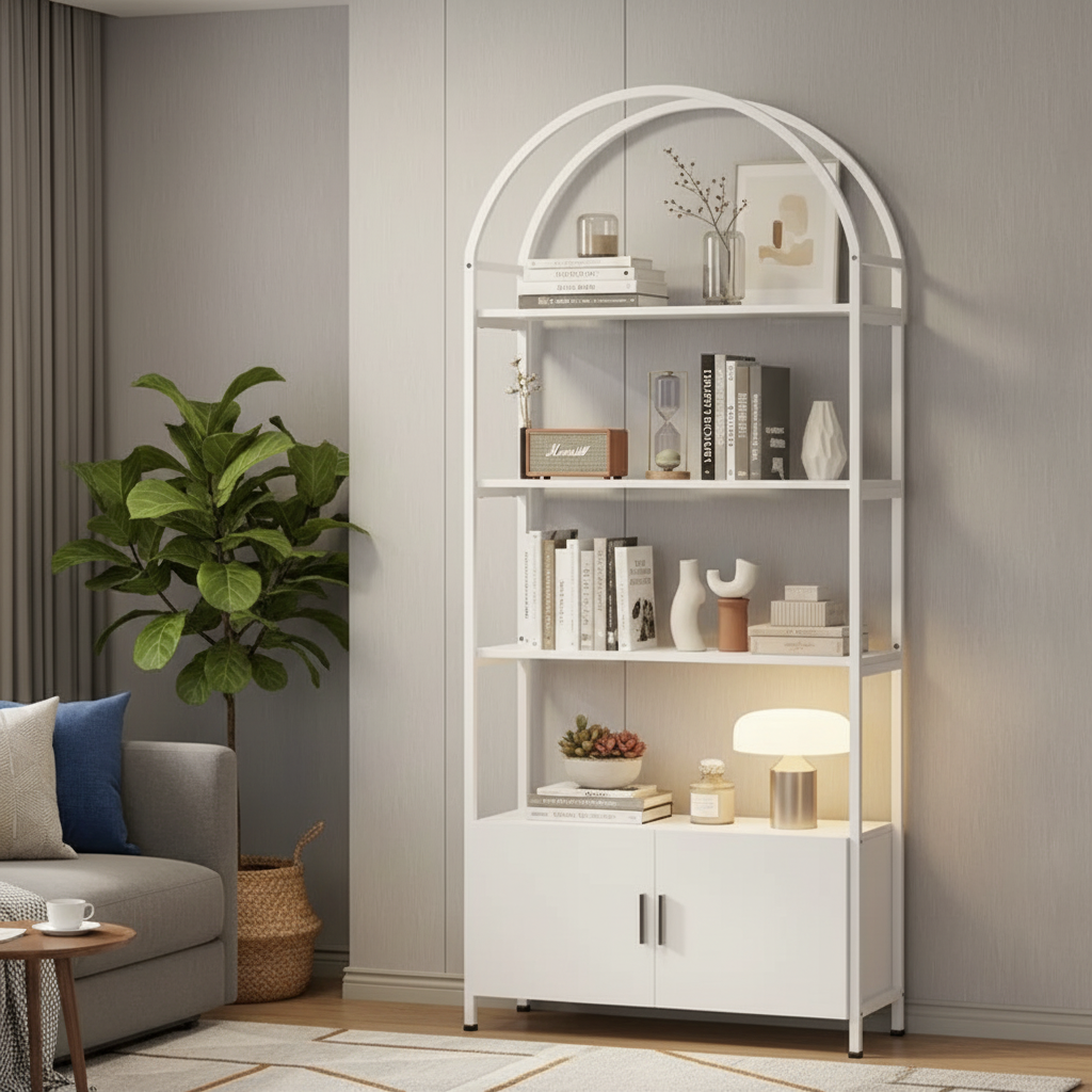 Modern Arched Bookshelf with Cabinet – 71” Tall Storage Unit