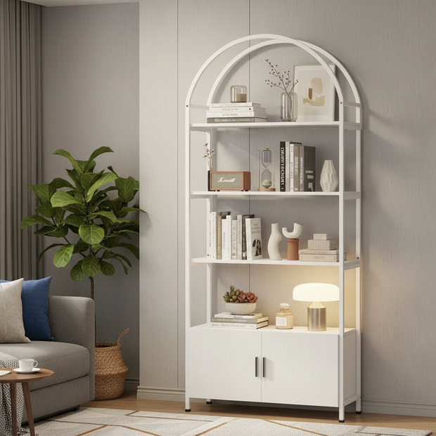 Modern Arched Bookshelf with Cabinet – 71” Tall Storage Unit