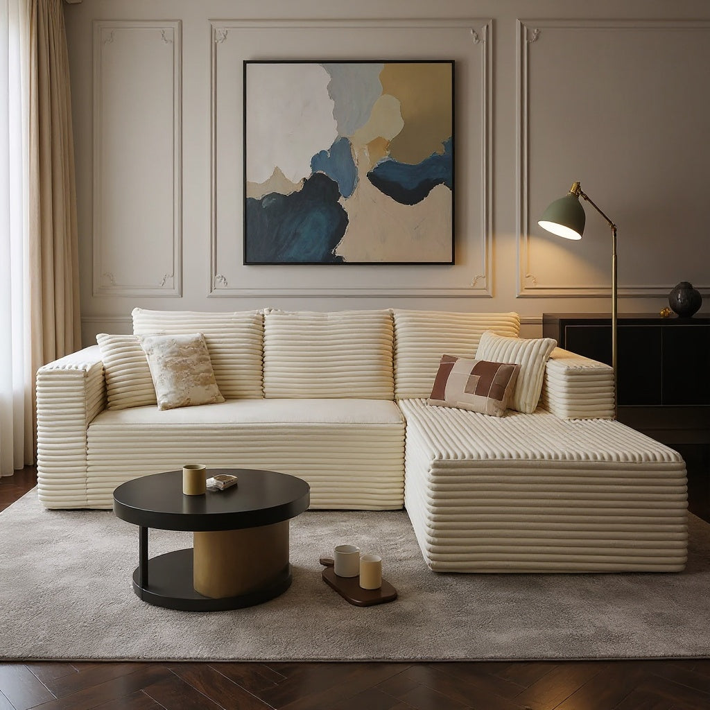 Modern Beige L-Shaped Sectional Sofa with Chaise – Corduroy Upholstery