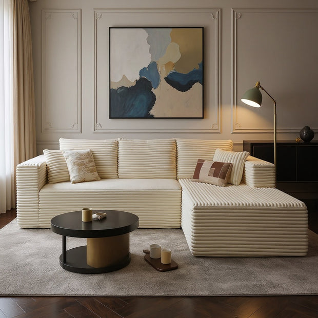 Modern Beige L-Shaped Sectional Sofa with Chaise – Corduroy Upholstery