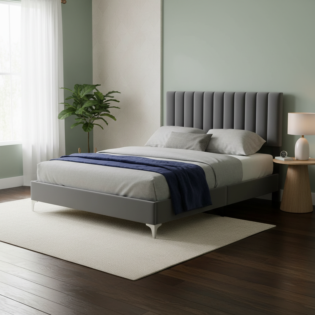 Modern Grey Velvet Upholstered Bed Frame with Adjustable Headboard – Full Size