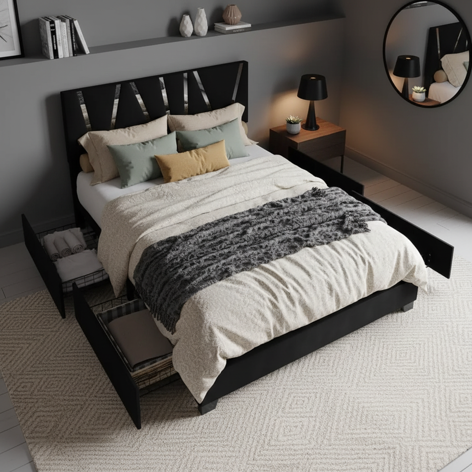 Modern Velvet Storage Bed with Drawers – Queen Size