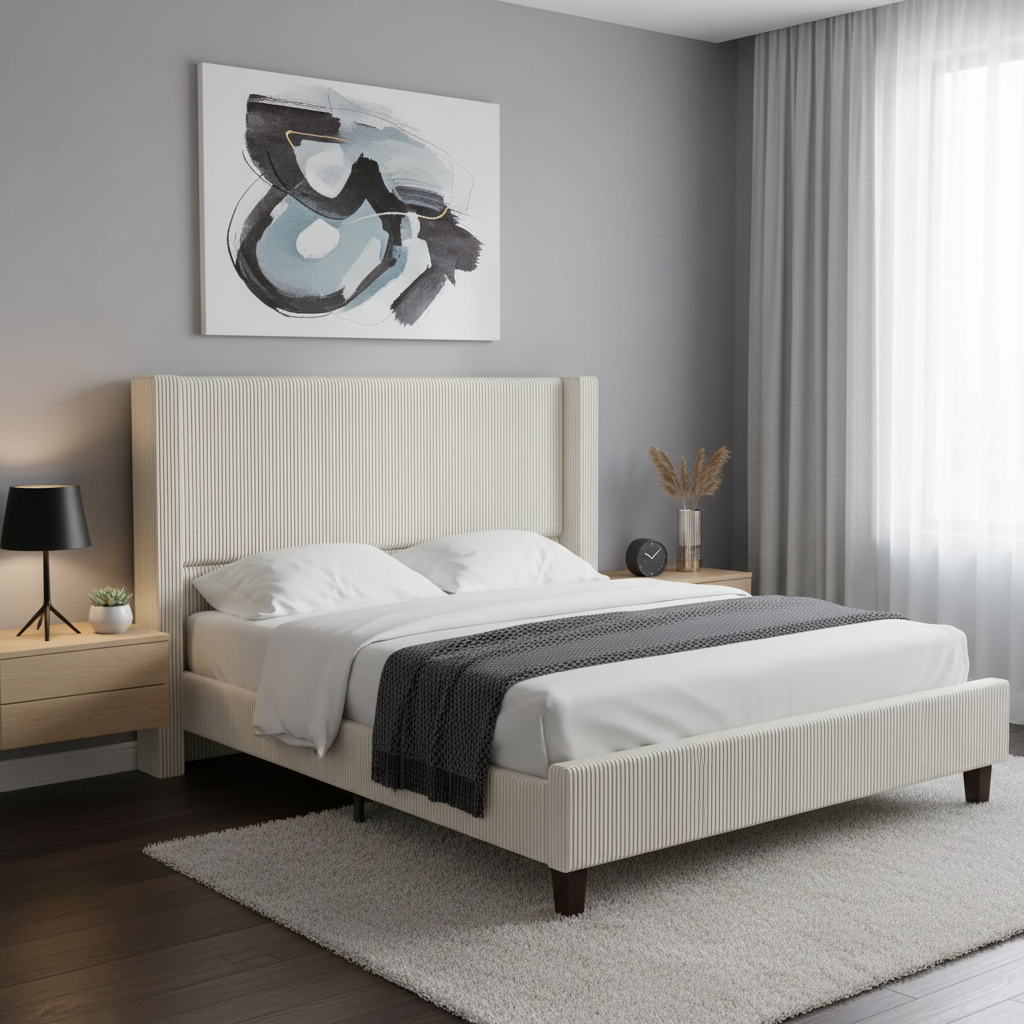 King Size Wingback Corduroy Upholstered Bed Frame