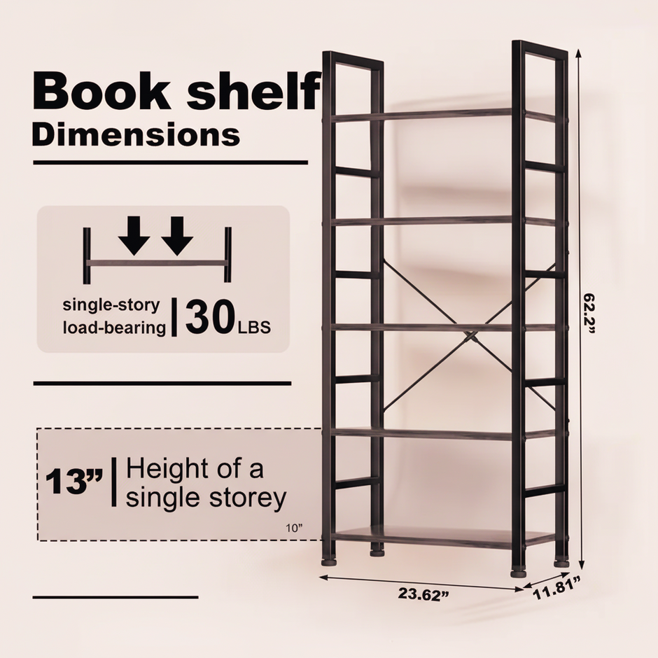 Industrial 5-Tier Metal & Wood Bookshelf with Adjustable Feet – Rustic Storage Rack
