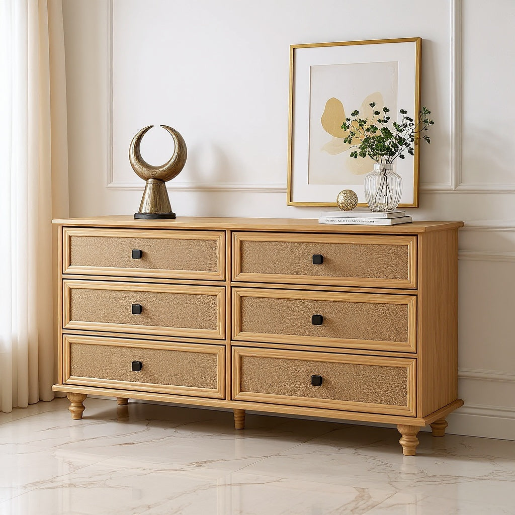 6-Drawer Rattan Dresser – Modern Wood Chest of Drawers with Woven Fronts for Bedroom, Living Room, or Entryway (Natural Finish)