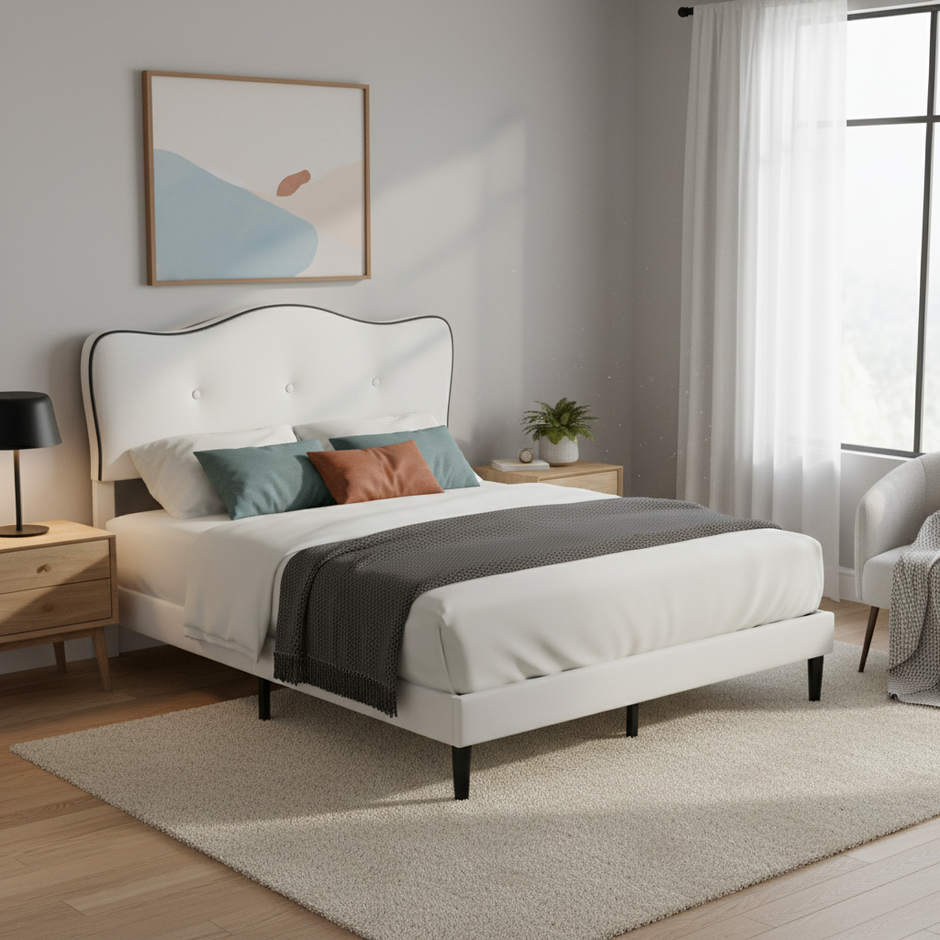 Curved Upholstered Bed Frame with Button-Tufted Headboard – Pink or White