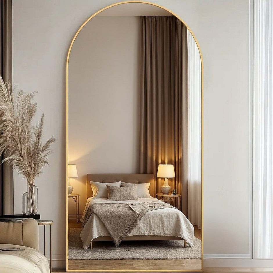 Arched Full-Length Floor Mirror with Metal Frame and Stand, Sizes 78