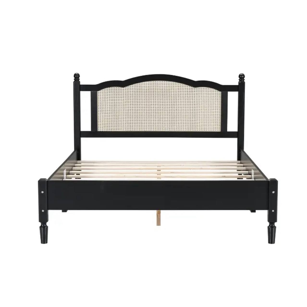 Modern Black Wooden Bed Frame with Rattan Headboard – Queen Size