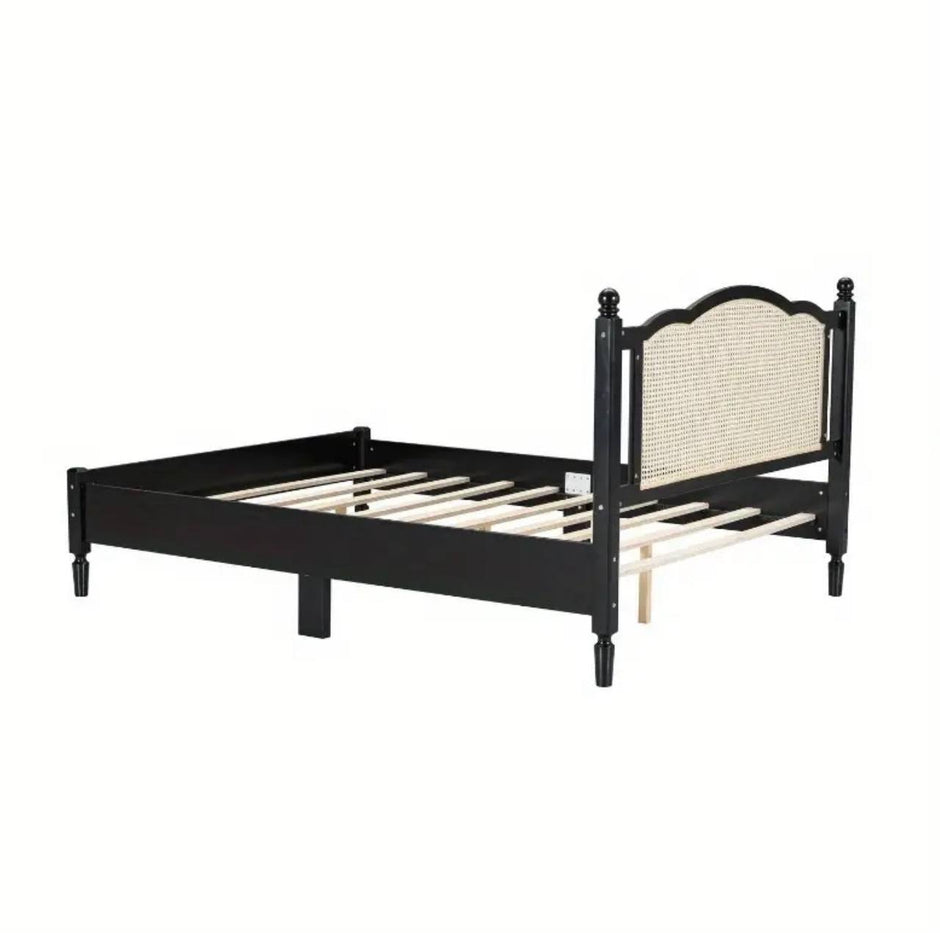 Modern Black Wooden Bed Frame with Rattan Headboard – Queen Size